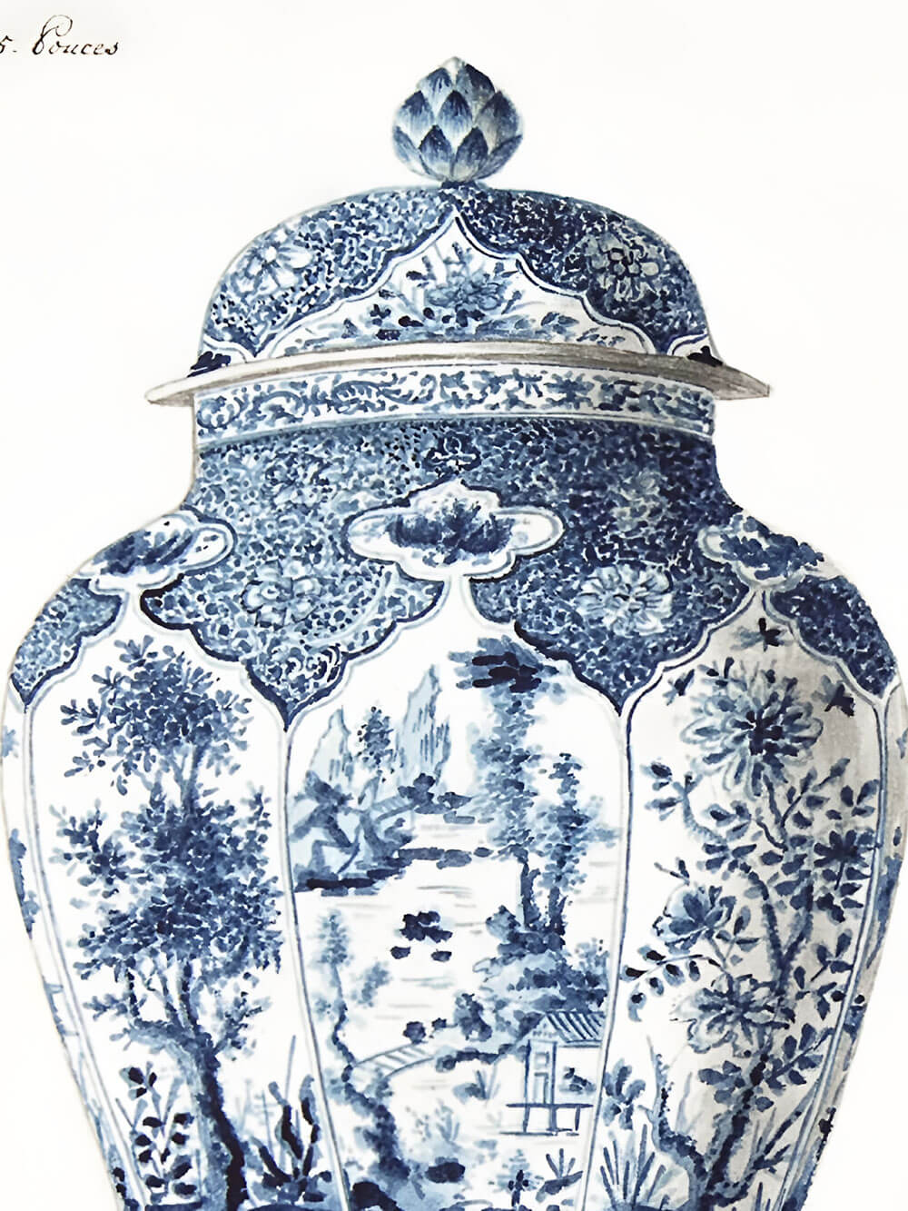 Detailaufnahme eines antiken Chinoiserie Kunstdrucks mit blauer und weißer Vase, zeigt feine florale und landschaftliche Muster im traditionellen asiatischen Stil.