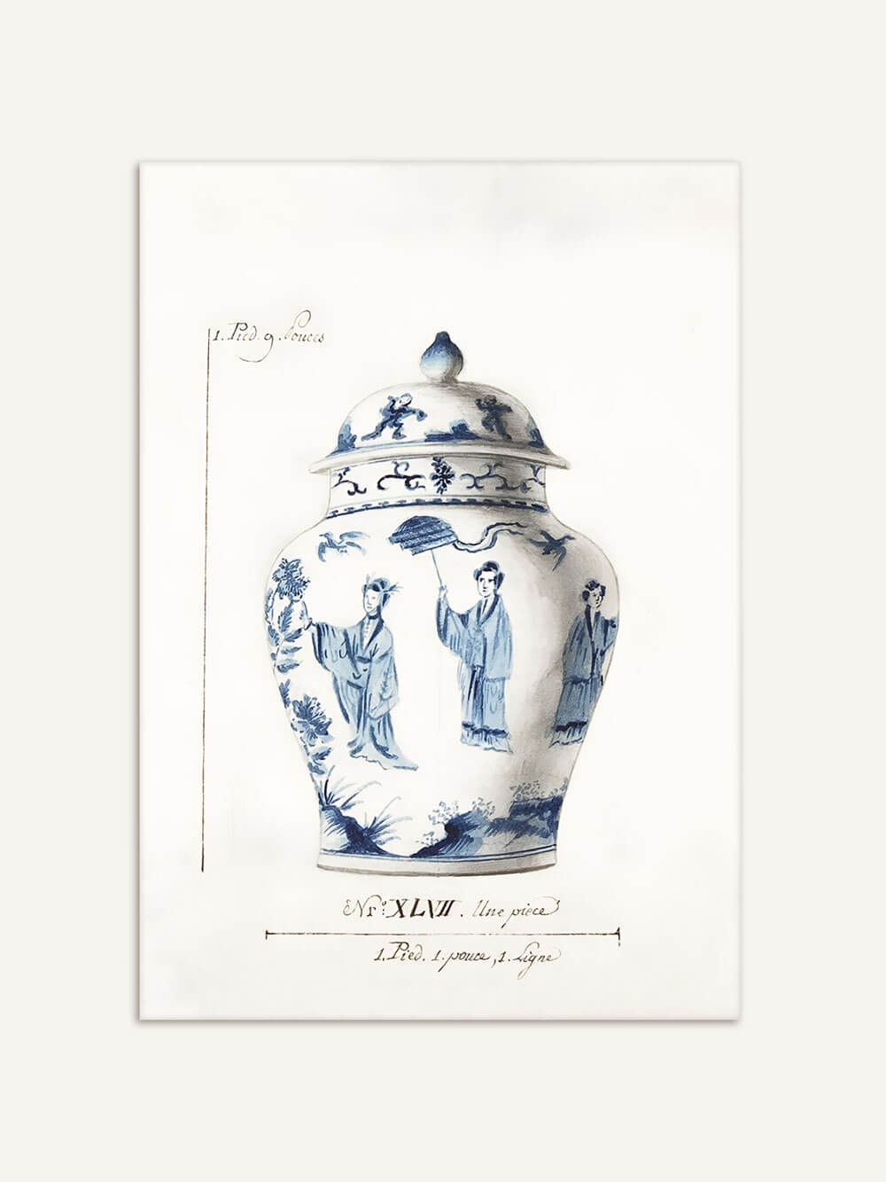 Blauer und weißer Vintage Chinoiserie Kunstdruck einer antiken Vase mit detaillierten Figuren, die traditionelle chinesische Kleidung tragen, auf einer cremefarbenen Hintergrundplatte mit handschriftlichen Maßen und Notizen.