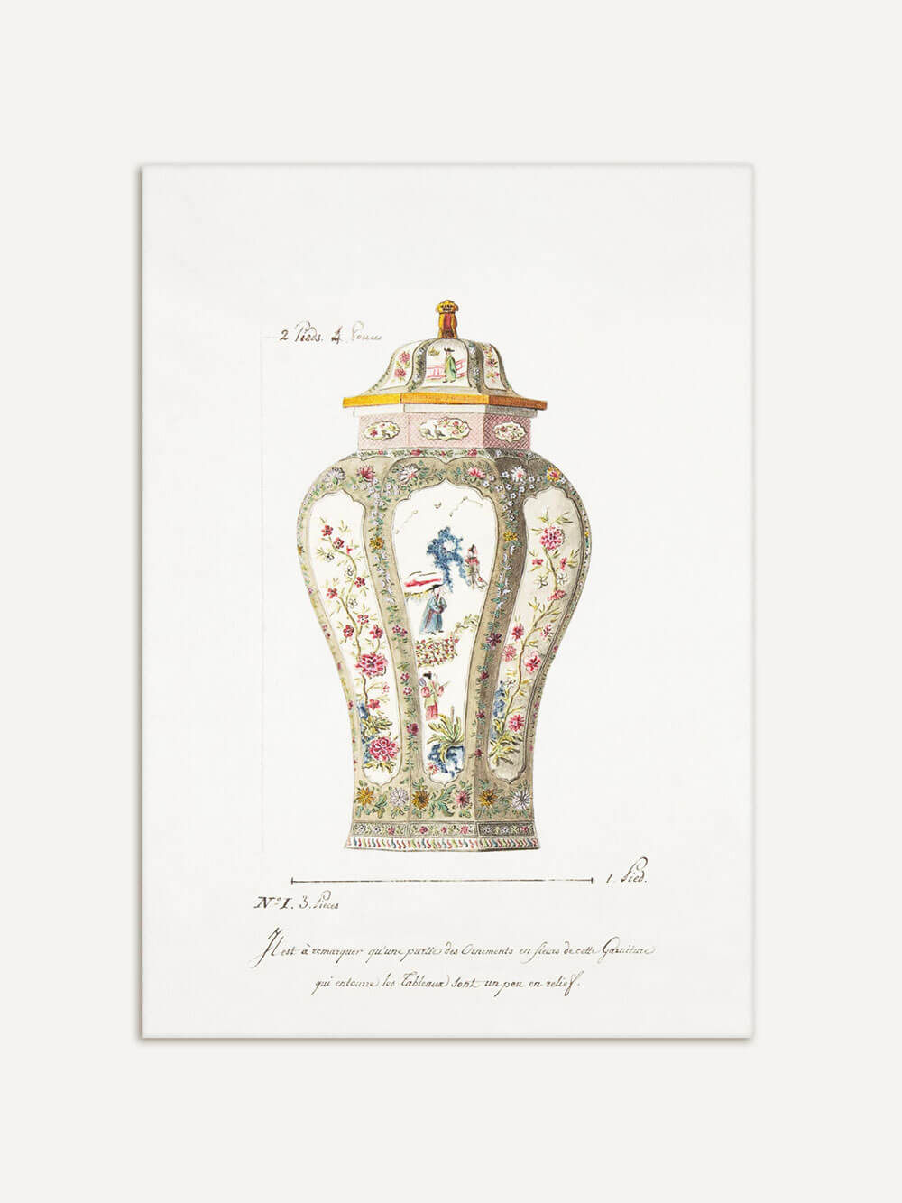 Antiker Chinoiserie-Kunstdruck einer reich verzierten Vase mit floralen Mustern und asiatischen Motiven auf cremefarbenem Hintergrund.