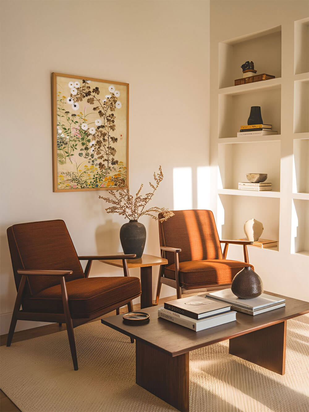 Wandbild mit Chinoiserie-Blumenmotiv im Rahmen, hängt in einem modern eingerichteten Wohnzimmer. Das Bild zeigt braune und weiße Chrysanthemen auf beigem Hintergrund. Die warmen Brauntöne der Sessel und der Holzregale verstärken die beruhigende, erdige Atmosphäre des Raums.