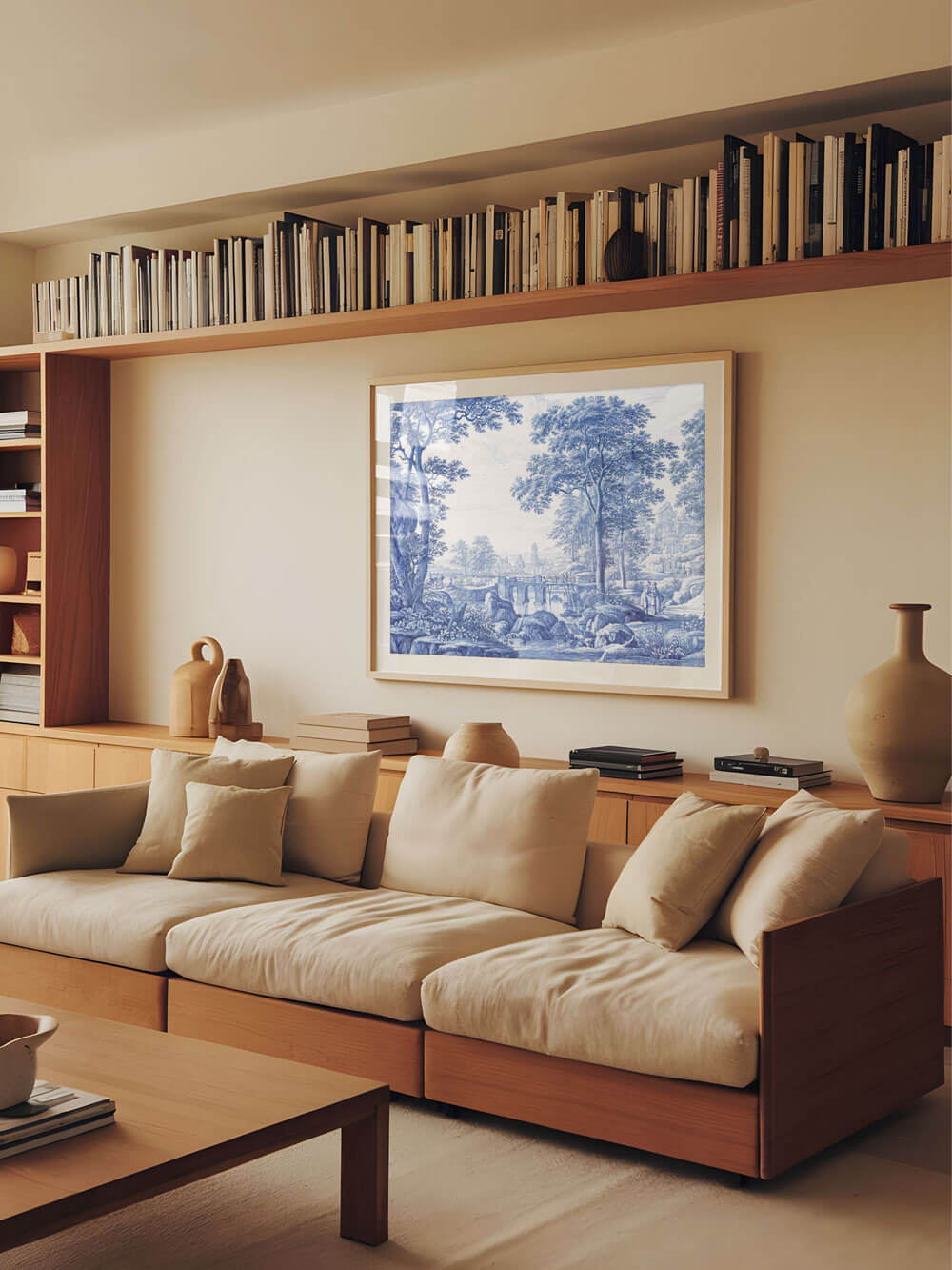 Ein Chinoiserie-Wanddruck in Blautönen hängt über einem beigen, modernen Sofa. Das Poster zeigt eine detaillierte, klassische Landschaft mit Bäumen, Brücken und fernen Gebäuden. Die natürliche Farbpalette des Raums mit Holzakzenten harmoniert perfekt mit den weichen Beige- und Naturtönen des Sofas und den minimalistisch gestalteten Accessoires.