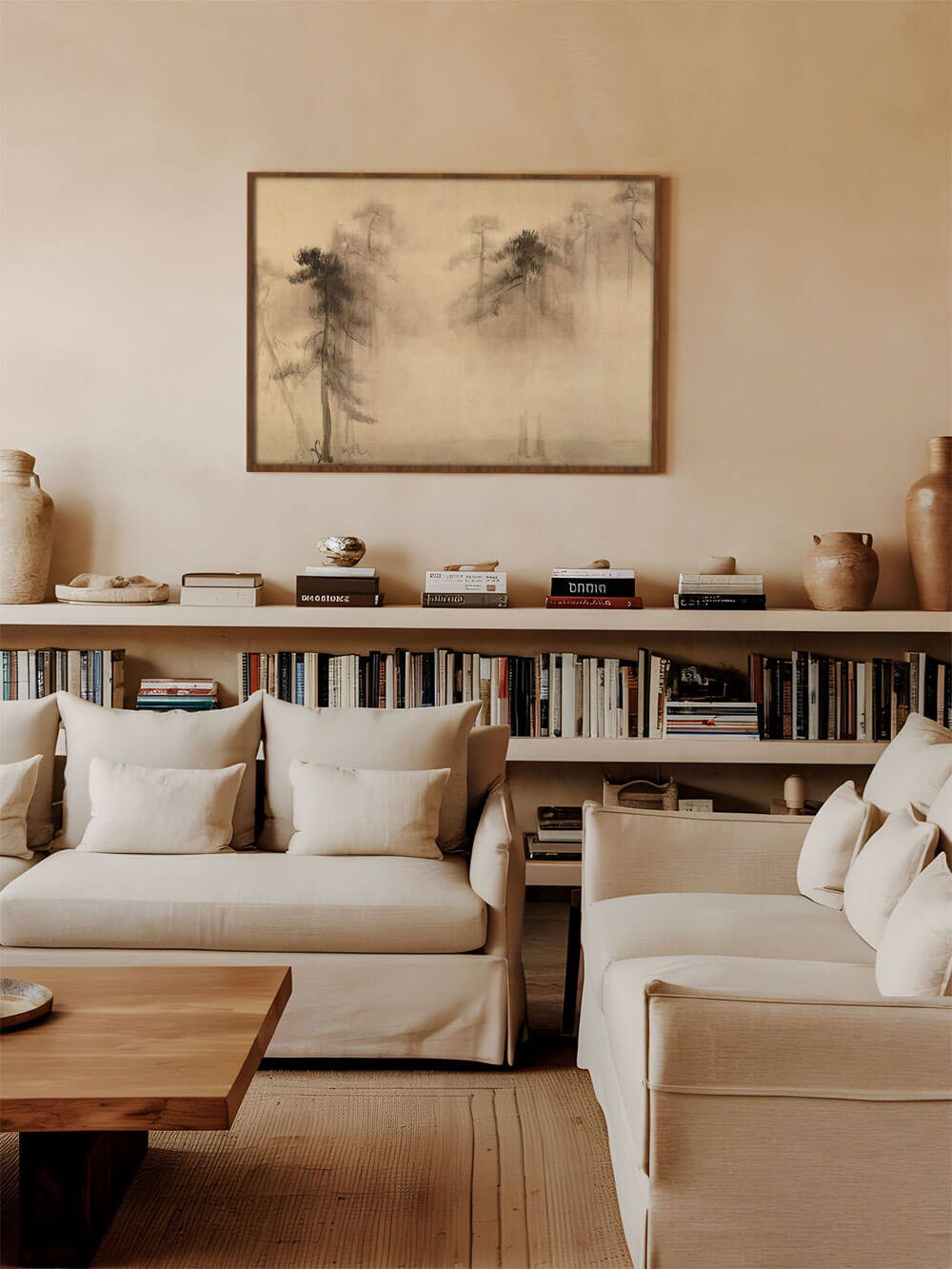 Ein helles  Wohnzimmer mit einem wabi-sabi-Kunstdruck einer Kiefernlandschaft, der über einem Bücherregal hängt. Die erdigen Farbtöne des Drucks passen perfekt zu den beigefarbenen Sofas und den dekorativen Elementen im Raum.