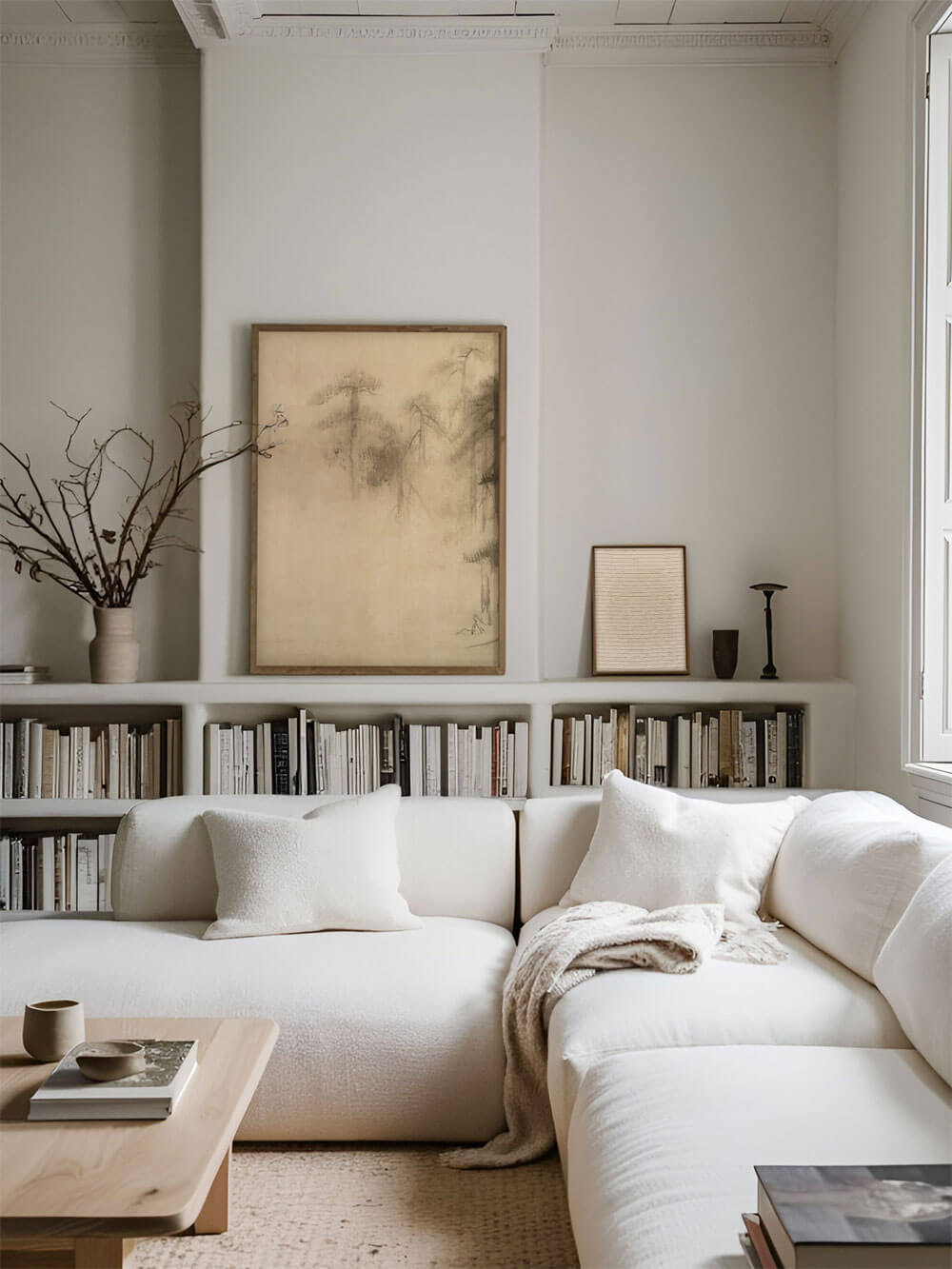 Modernes Wohnzimmer mit einem sanften Wabi-Sabi-Kiefern-Kunstdruck über einem eleganten, weißen Sofa. Die neutrale Farbpalette und das natürliche Licht unterstreichen die ruhige, beruhigende Stimmung des Raumes.