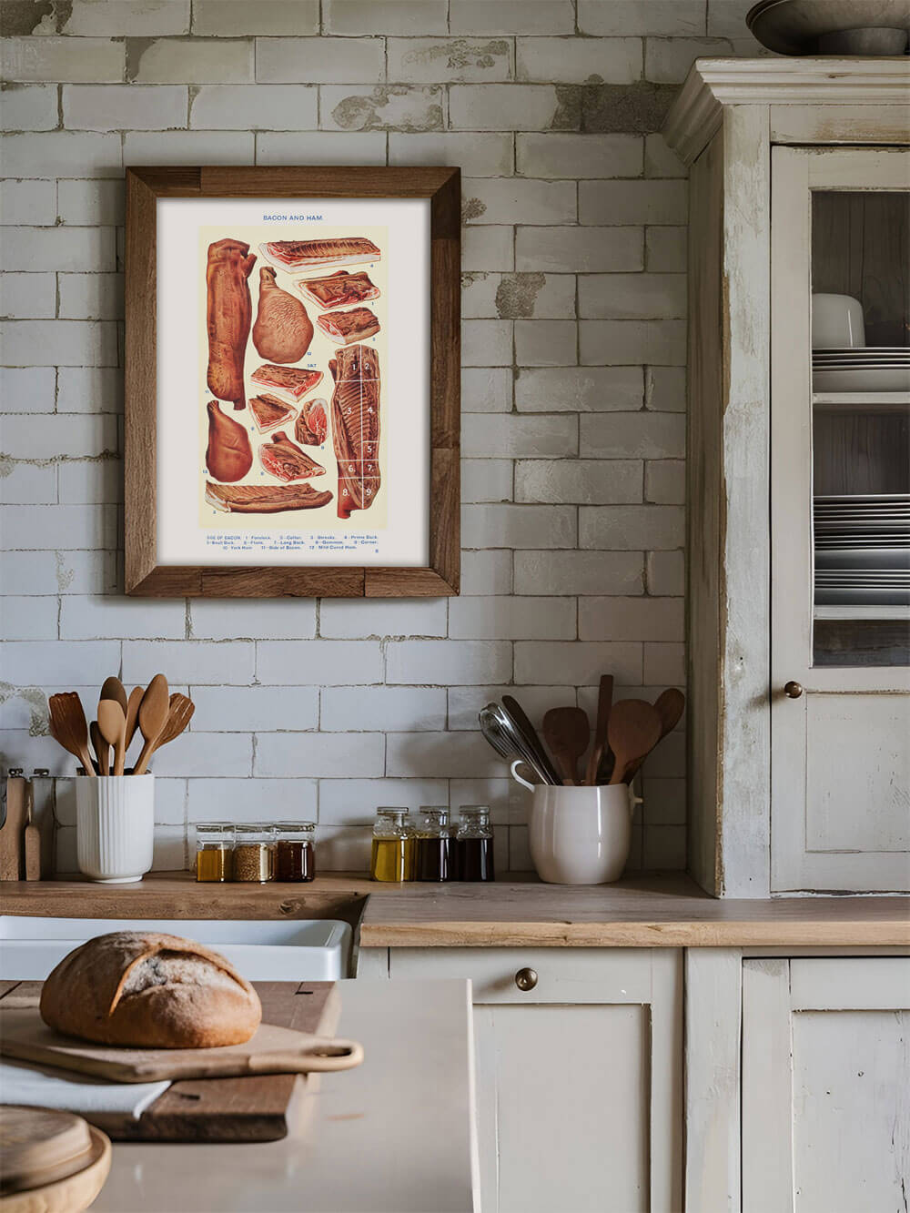 Rustikale Küche mit einem gerahmten Vintage-Poster, das verschiedene Fleischstücke zeigt. Die Illustration stammt aus Mrs. Beeton's 1923 Buch, aufgehängt an einer Kachelwand neben Küchengeräten und frischem Brot.