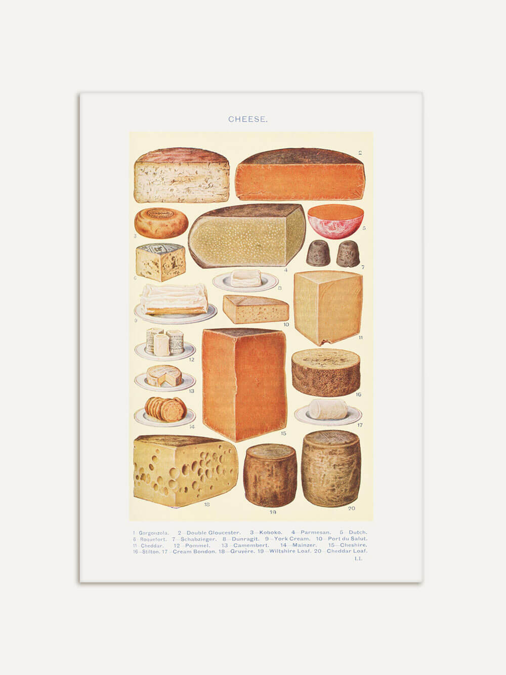 Vintage-Poster mit einer detaillierten Illustration verschiedener Käsesorten, darunter Gorgonzola, Parmesan, Camembert und Cheddar. Die Abbildung stammt aus Mrs. Beeton's 1923 "Book of Household Management" und zeigt Käse in unterschiedlichen Formen und Größen auf einer hellen Hintergrundfläche.