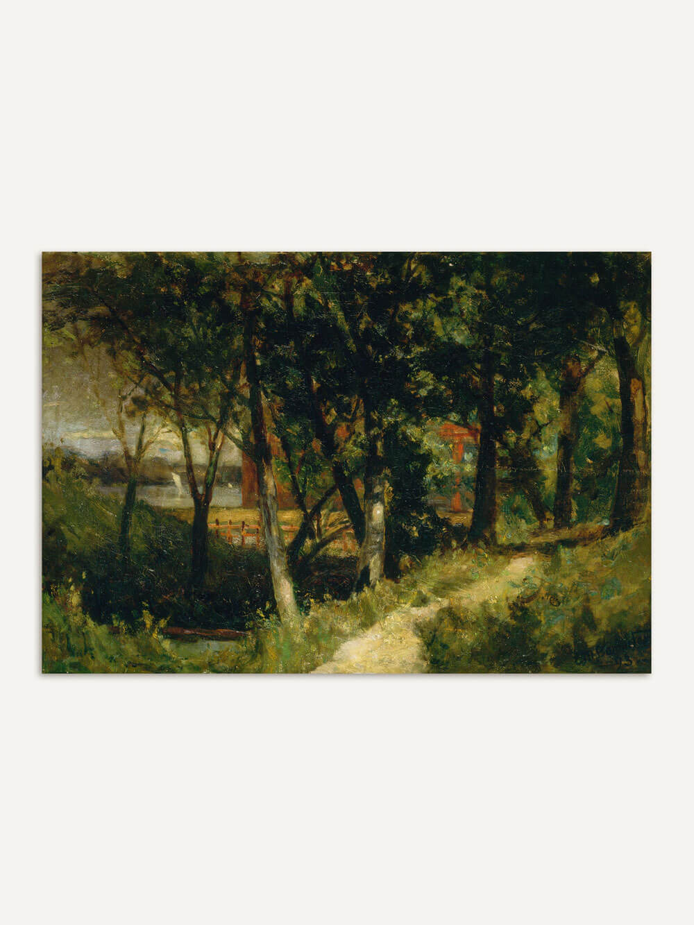 Kunstdruck einer ruhigen Waldlandschaft von Edward Mitchell Bannister aus dem Jahr 1903. Dichter, grüner Wald mit einem Pfad, der sich durch das Bild schlängelt, eingefangen in natürlichen Farbtönen. Passend für klassische und naturnahe Dekorationen.