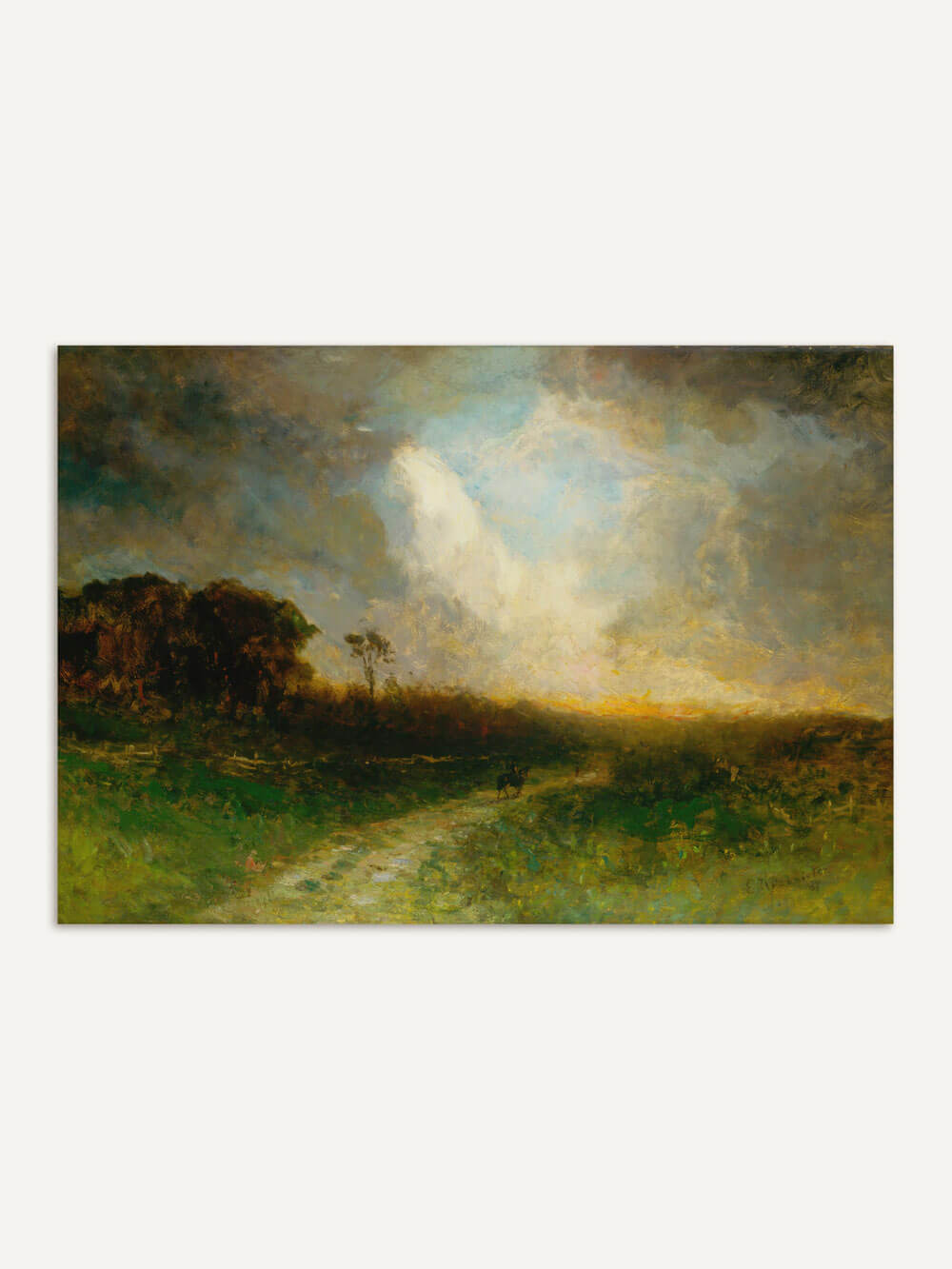 Stimmungsvolle Landschaft mit dramatischen Wolken und einem strahlenden Lichtstrahl, der über eine grüne Wiese scheint, im Vordergrund ein Pfad, der sich durch die Szene schlängelt. Gemälde von Edward Mitchell Bannister aus dem Jahr 1884.