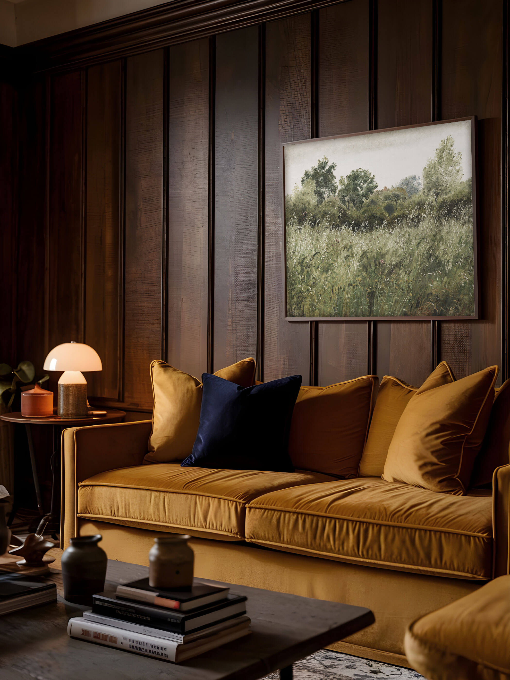 Gemütliches Wohnzimmer mit senfgelbem Sofa, dunkelbraunen Holzpaneelen und einem vintage Landschaftsdruck an der Wand.