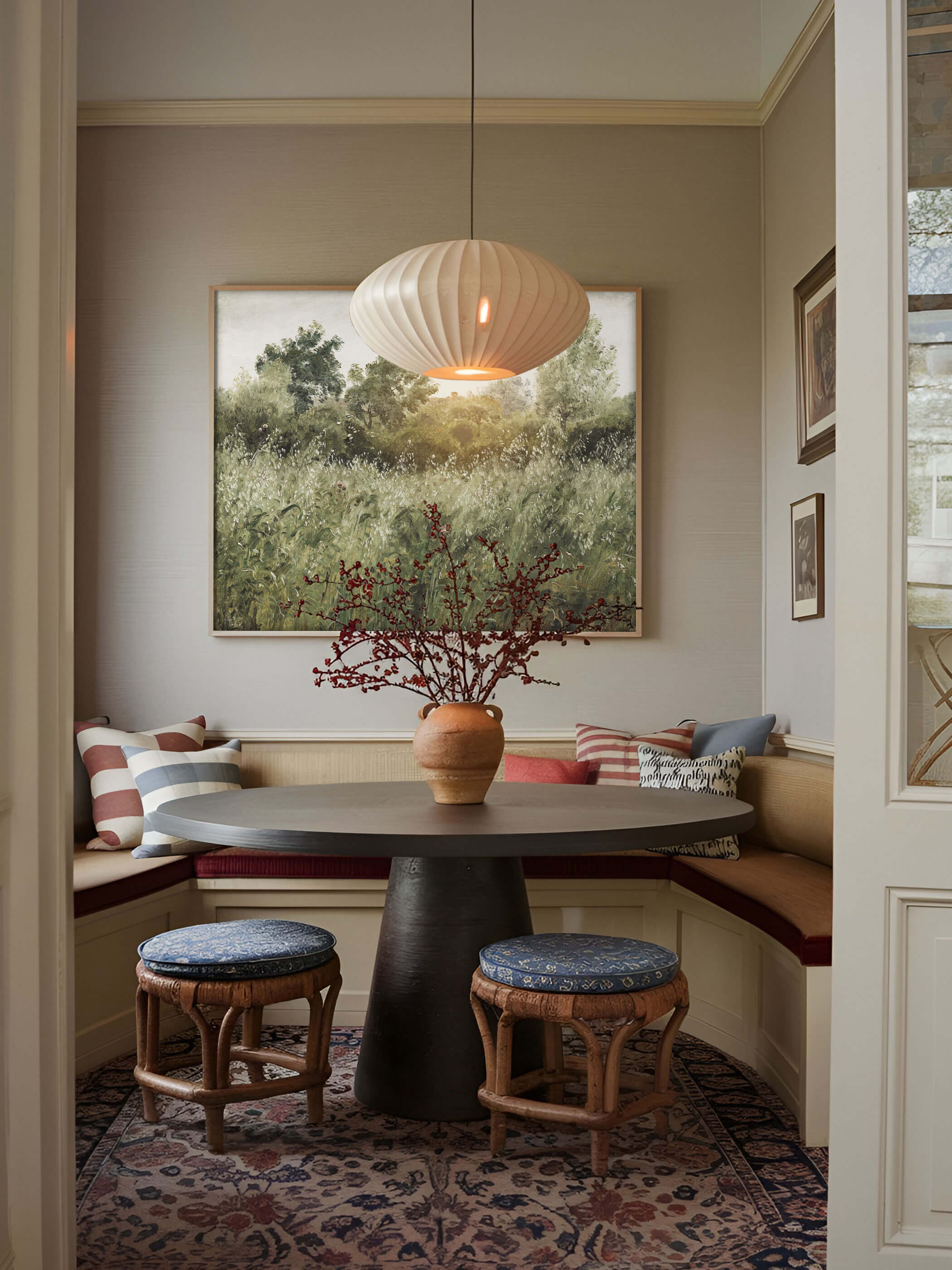 Esszimmer im Landhausstil mit einem großen Vintage-Landschaftsdruck über einer Bank, dekoriert mit rustikalen Kissen und einem Terrakotta-Vasenarrangement auf einem runden Tisch.