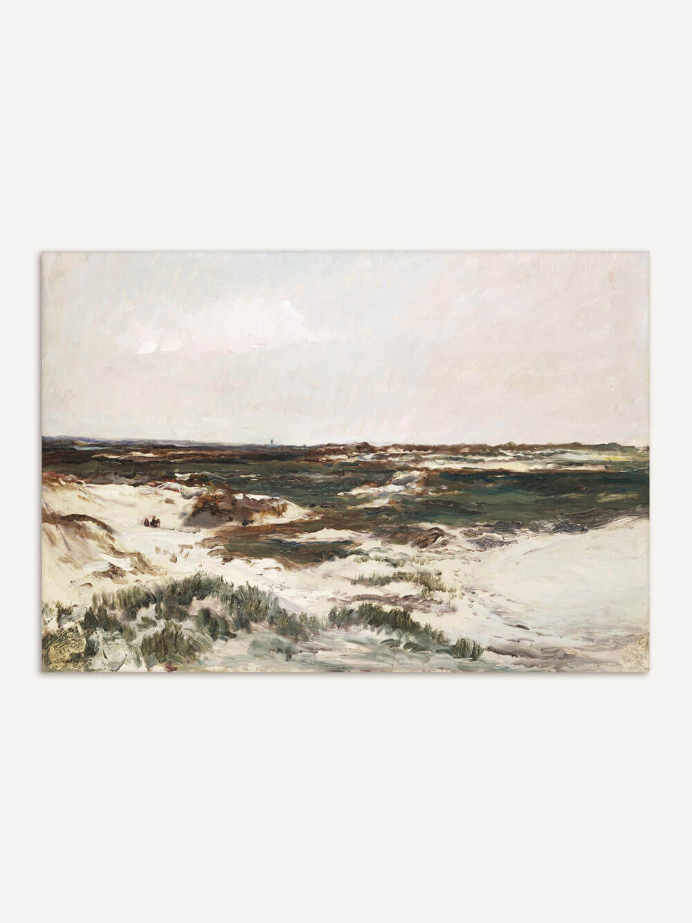 Vintage Kunstdruck der Dünen von Camiers mit einer weitläufigen Landschaft aus Sanddünen und Vegetation, die sich bis zum Horizont erstreckt. Das Gemälde zeigt eine ruhige, naturbelassene Szene am Meer unter einem bewölkten Himmel.