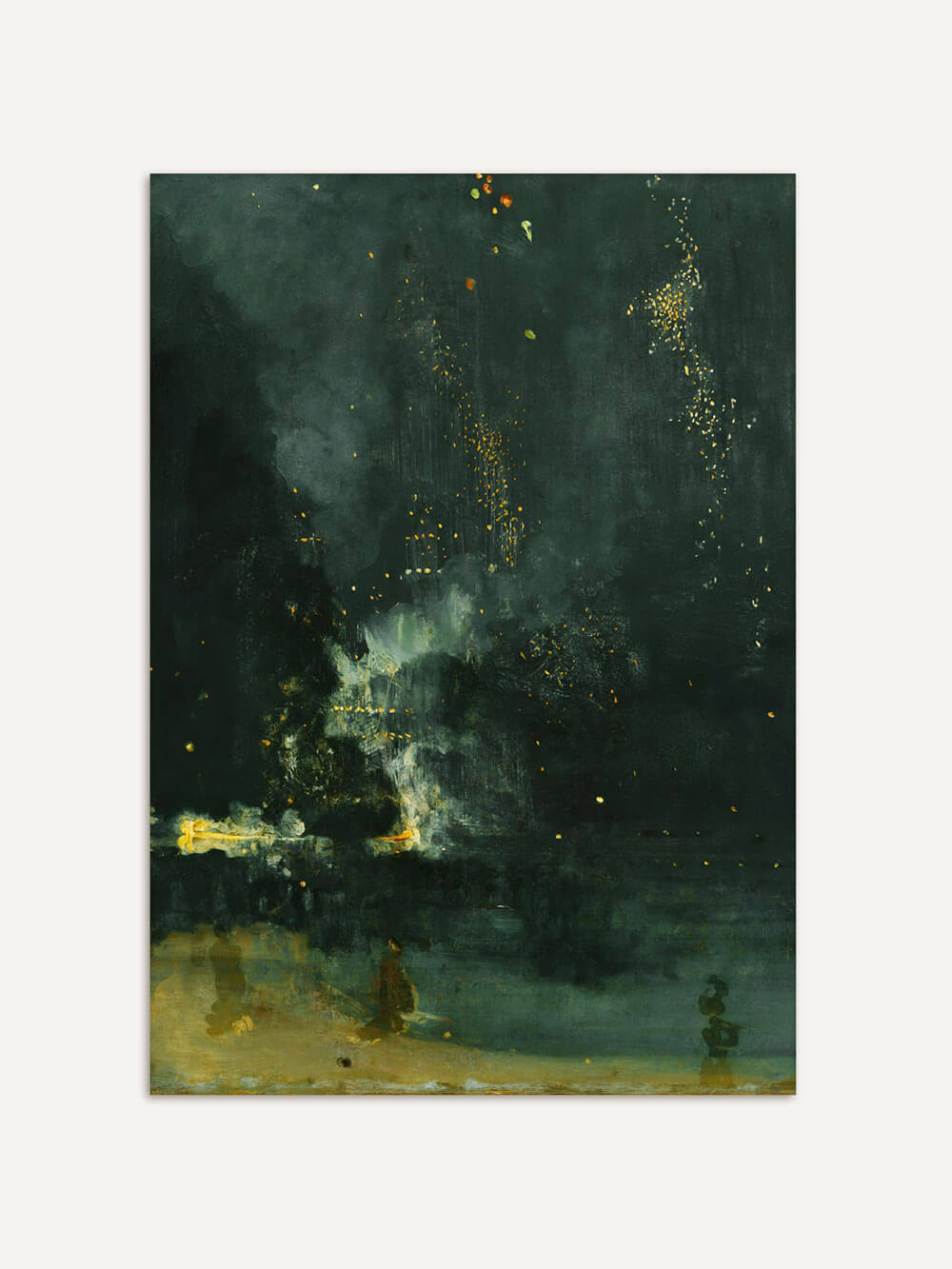 Poster "Nocturne" von James Abbott McNeill Whistler. Das Gemälde zeigt eine stimmungsvolle Nachtszene mit dunklen Tönen, goldenen Funken und schimmernden Lichtern über Wasser, inspiriert von Feuerwerken. Ideal für moderne Wohnräume, die eine ruhige und geheimnisvolle Atmosphäre schaffen möchten.