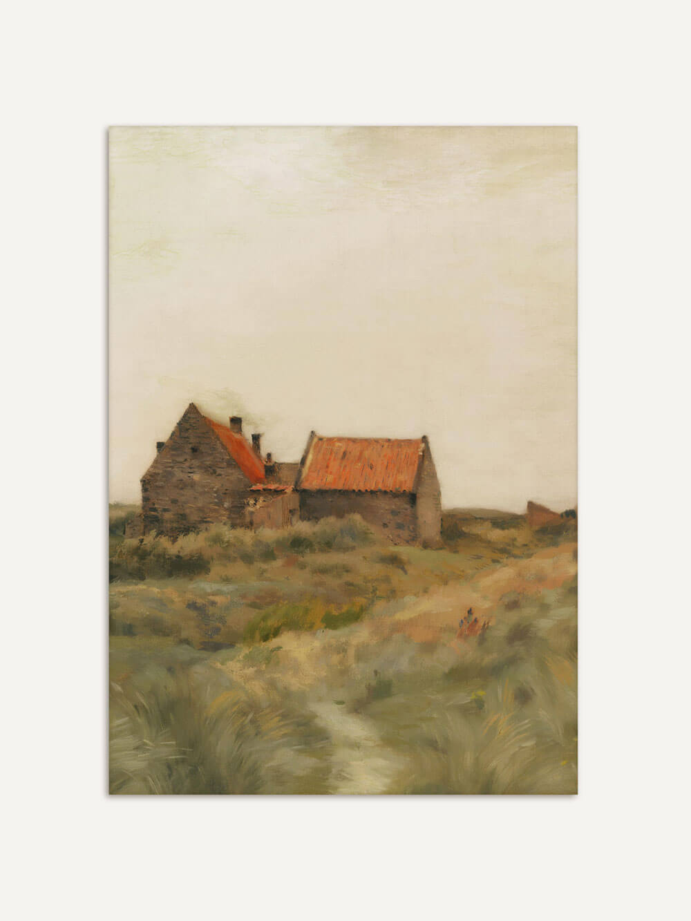 Kunstdruck einer herbstlichen Landschaft mit einem alten Steinhaus und roten Ziegeldächern, umgeben von wilden Gräsern unter einem bewölkten Himmel, der eine ruhige, melancholische Stimmung vermittelt.