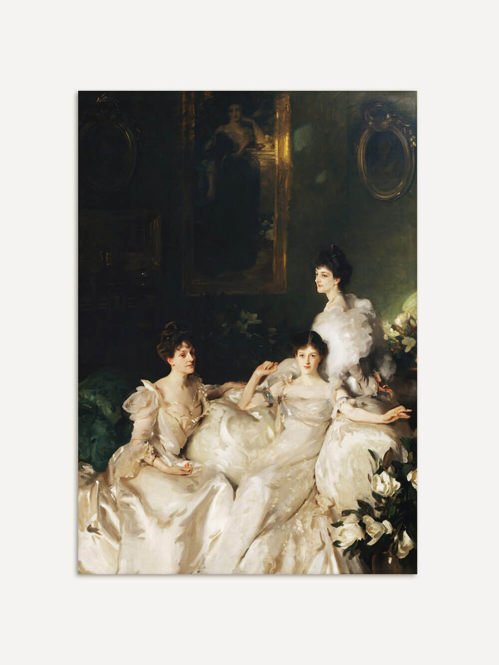 Viktorianischer Kunstdruck 'The Wyndham Sisters' von John Singer Sargent, zeigt drei elegant gekleidete Frauen in einer luxuriösen Szene.