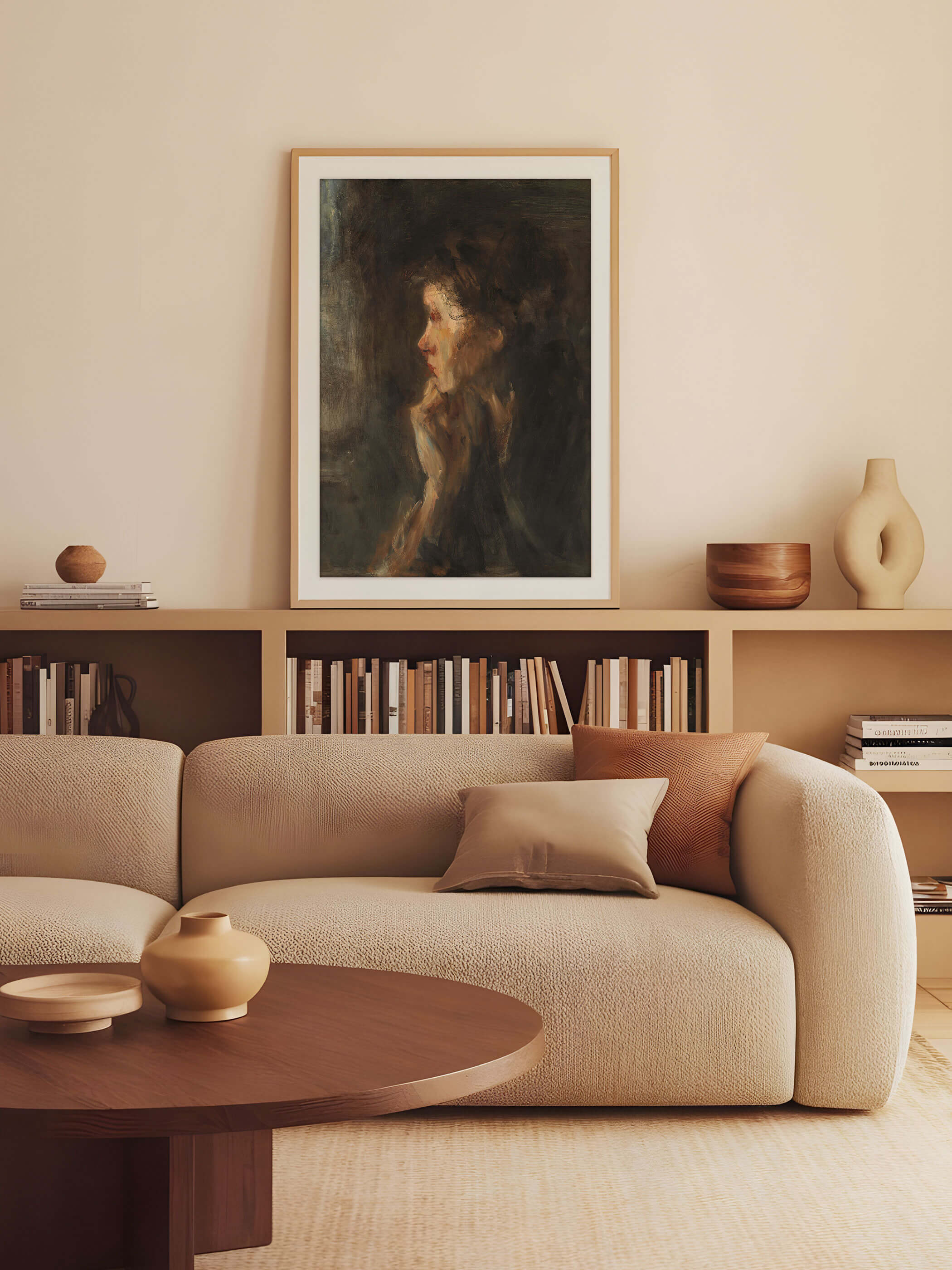 Impressionistisches Gemälde einer Frau in nachdenklicher Pose, eingerahmt in einem minimalistischen Raum über einem Bücherregal und einem beigefarbenen Sofa dekoriert. Dunkle Farben verleihen dem Kunstwerk Tiefe und Drama.