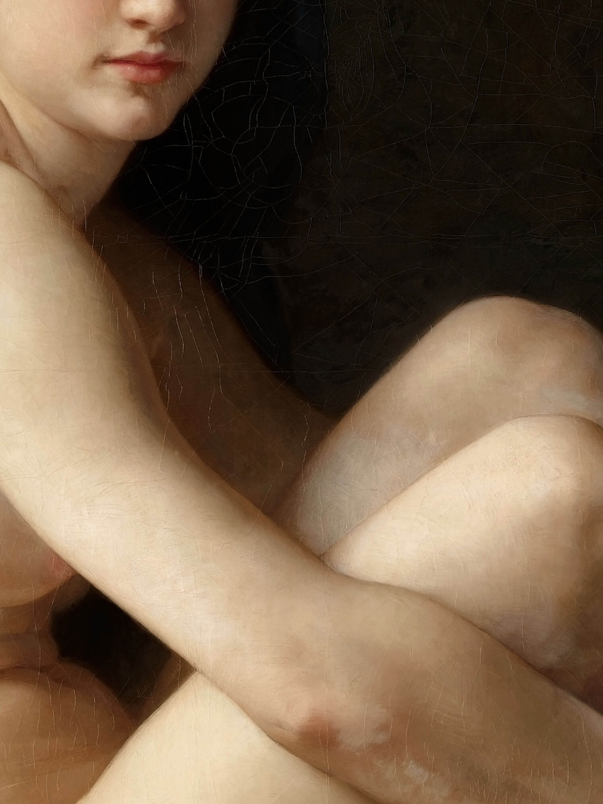 Detailaufnahme eines klassischen Aktgemäldes von Bouguereau, das den Oberkörper und die verschränkten Beine einer sitzenden Figur zeigt. Feinste Hauttöne und subtile Pinselstriche verleihen dem Kunstdruck eine realistische Textur.