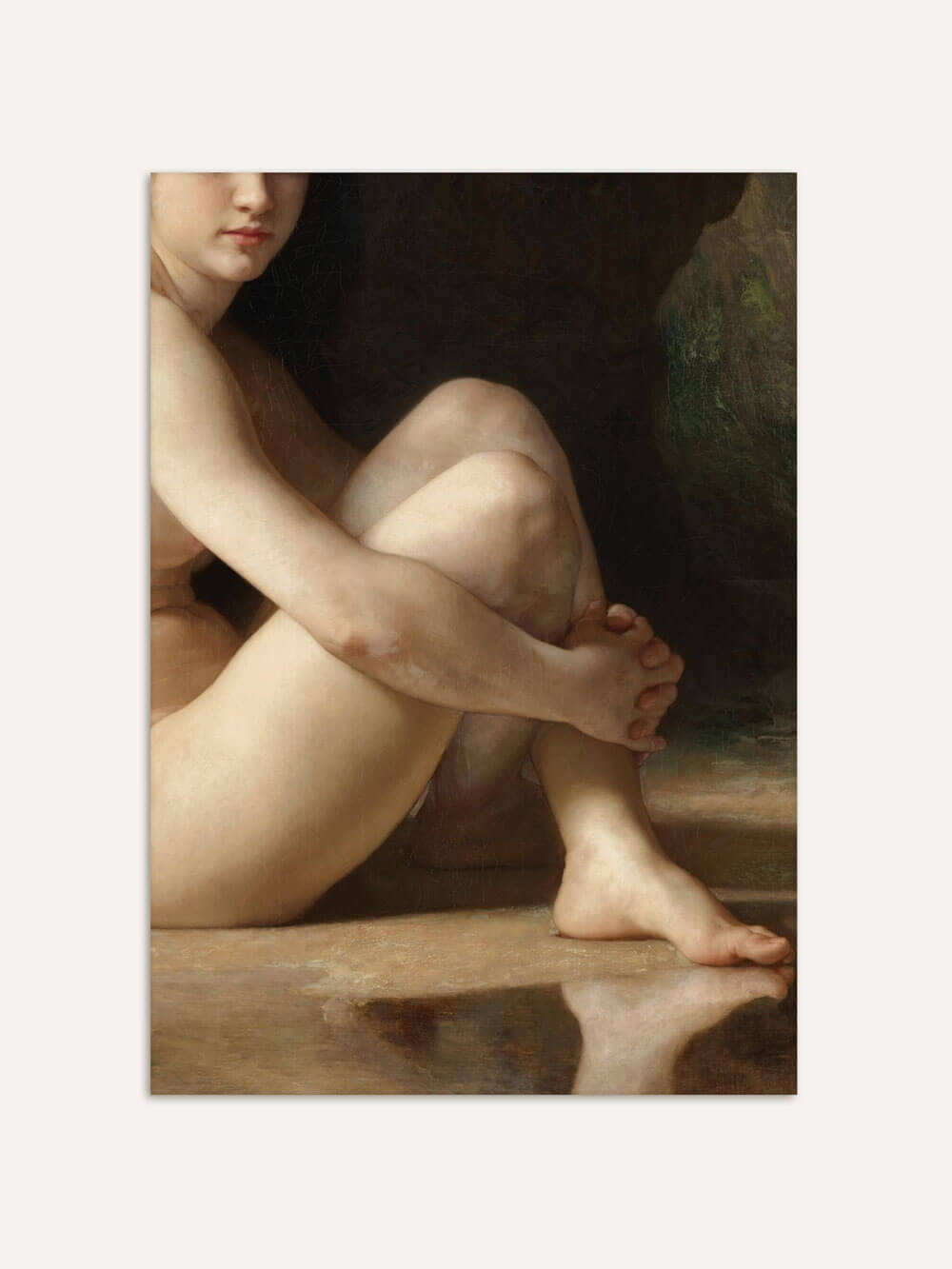 Ausschnitt eines klassischen Aktgemäldes von William-Adolphe Bouguereau, das eine sitzende Figur mit verschränkten Beinen zeigt. Die feine, realistische Darstellung der Haut und die sanften Schatten erzeugen eine ruhige, intime Atmosphäre.