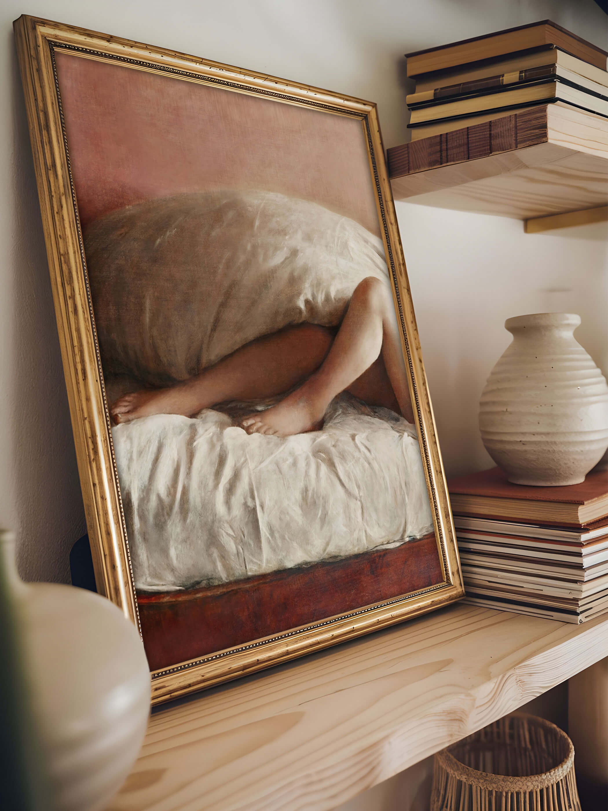 Vintage-Aktmalerei im goldenen Rahmen, auf einem Holzregal platziert, neben Keramikvasen und Büchern, die Szene wirkt minimalistisch und elegant.