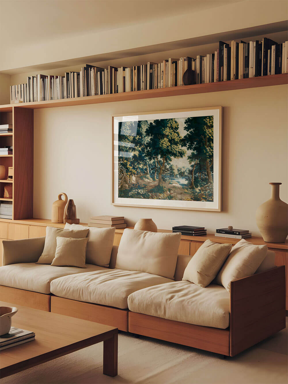 Elegantes Wohnzimmer mit einem Rokoko-Wandteppich-Druck über einem cremefarbenen Sofa und einem Bücherregal im Hintergrund. Der Druck zeigt eine malerische Waldszene in Blau- und Grüntönen.